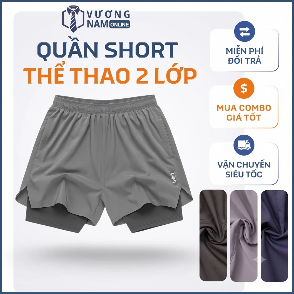 Quần đùi thể thao nam 2 lớp tập GYM chạy bộ vải dù gió túi sau để ĐT xẻ chữ V LOGO phản quang VNO173