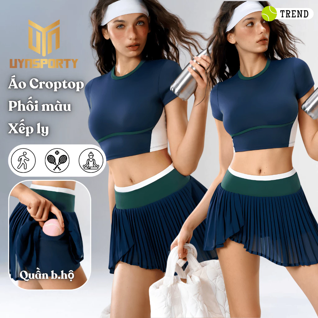 Đồ Tập Pickleball Nữ UYNSPORTY Áo Croptop Tay Ngắn Phối Màu, Chân Váy Mini, Bộ Đồ Pickleball Nữ