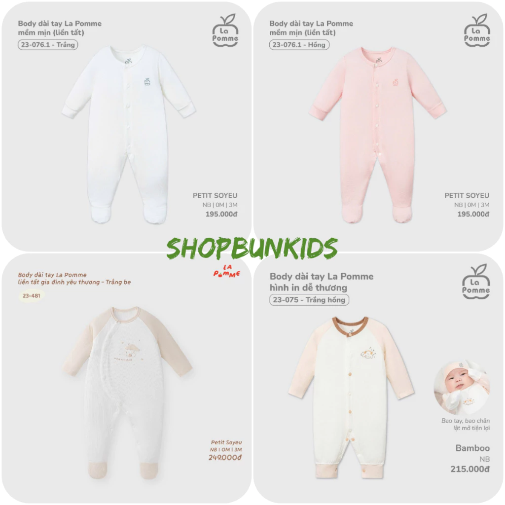 Body dài tay liền tất La Pomme mềm mịn vải petit sơ sinh mỏng mát xuân hè bodysuit lapomme