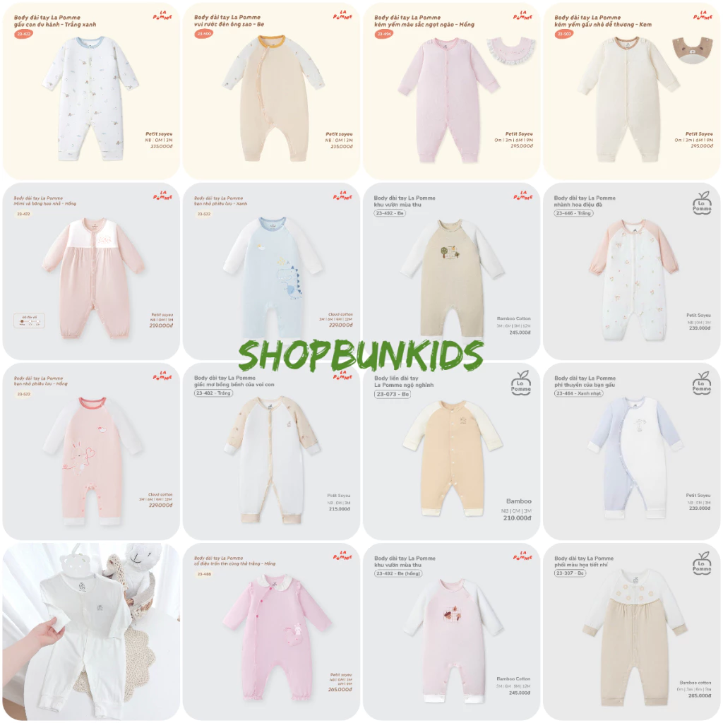 Body dài tay La Pomme sơ sinh vải mỏng mát hè điều hòa LaPomme body Bodysuit liền thân 0-6 tháng , Quà tặng bé sơ sinh