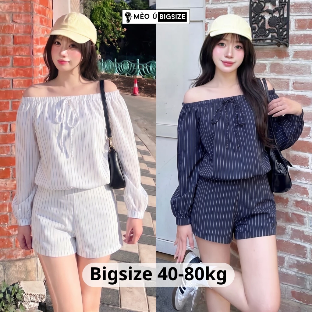 Set bộ nữ BIGSIZE Mèo Ú bộ áo trễ vai kẻ sọc bo chun phối dây thắt nơ quần short chất tuypsi kẻ 170
