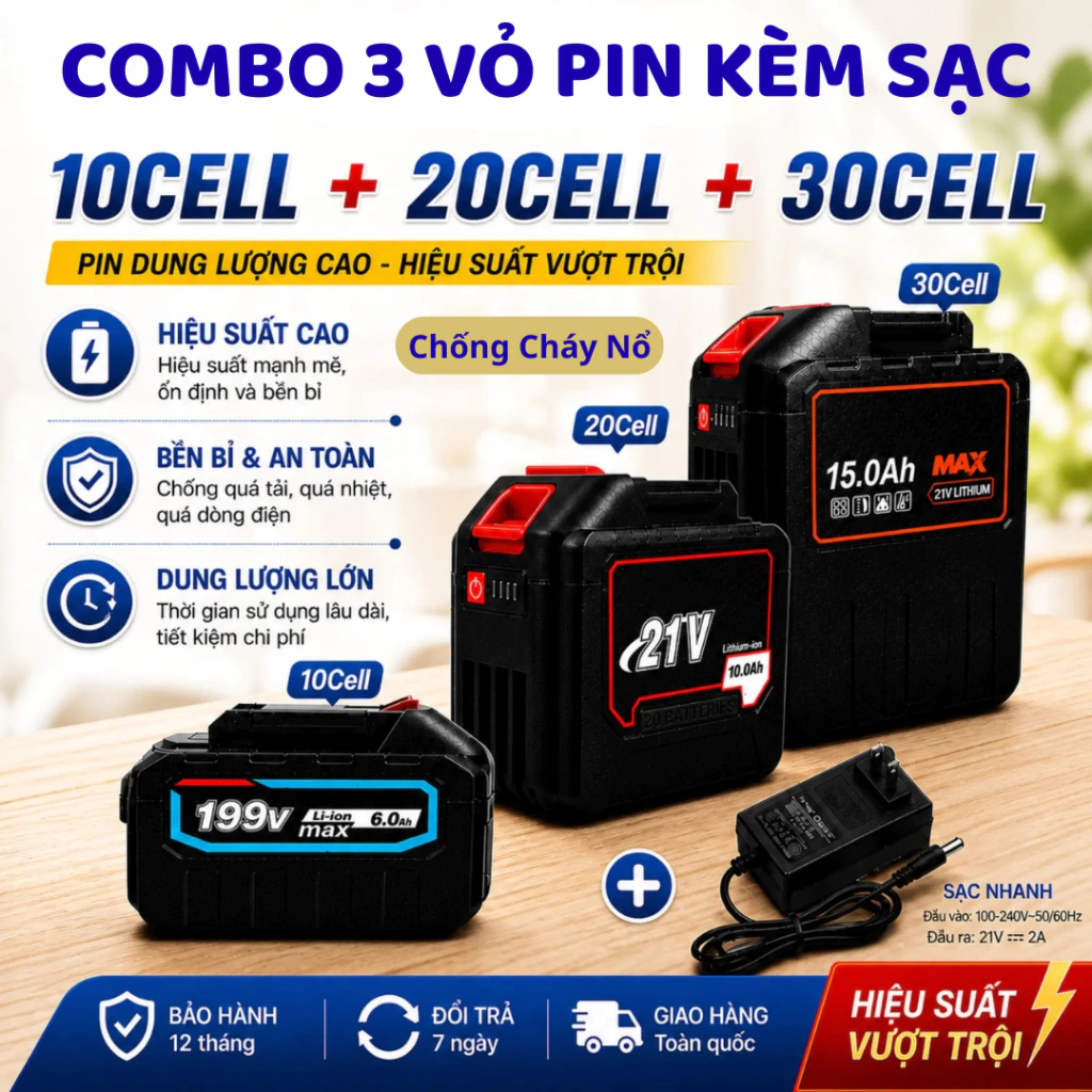Cục Tích Điện Sạc Makita Dung Lượng Cao Chân Phổ Thông M21 4Cm, Dùng cho Quạt, Máy Khoan, Bulong, Có Đèn Báo