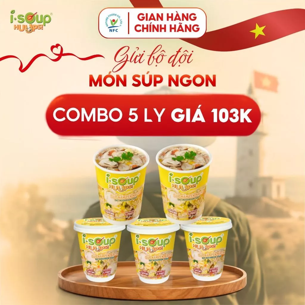[MUA 5 GIÁ 103K] ISoup Huups Combo 5 Ly Súp Nấm Yến Mạch Ăn Liền Sấy Thăng Hoa - 5Ly x 24G