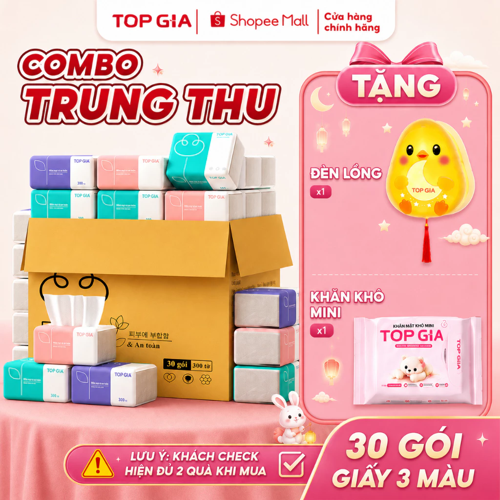 (COMBO TRUNG THU) Thùng 30 gói giấy ăn rút Topgia 3 màu cao cấp 4 lớp, mềm mịn