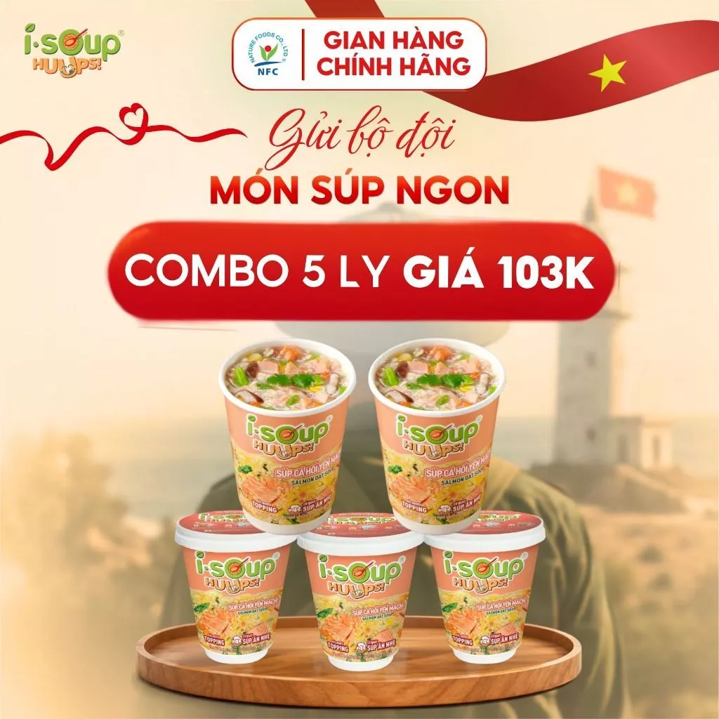 [MUA 5 GIÁ 103K] ISoup Huups Combo 5 Ly Súp Cá Hồi Yến Mạch Ăn Liền Sấy Thăng Hoa 5Ly x 23G