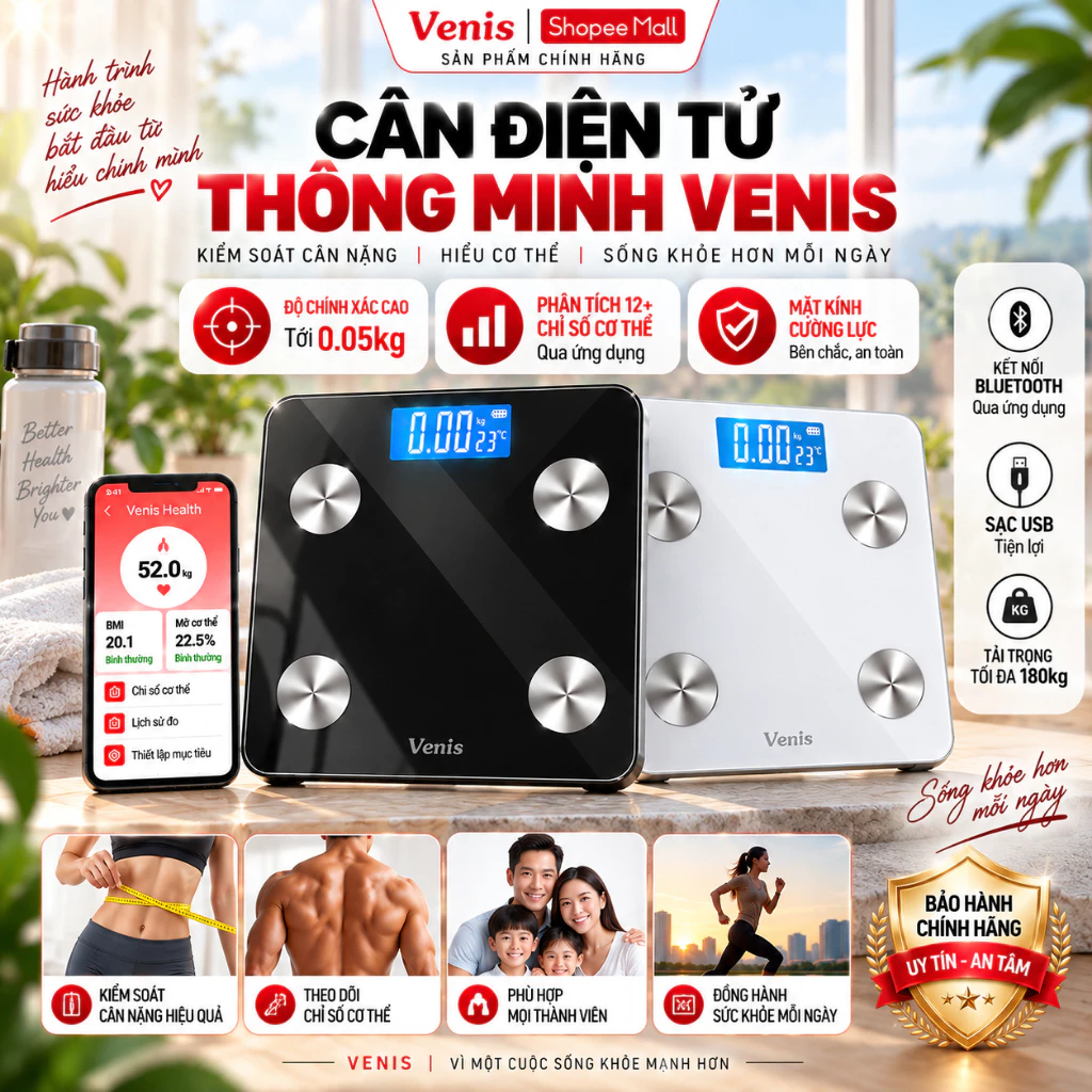 Cân Điện Tử Thông Minh VENIS Bluetooth Phân Tích Chỉ Số Cơ Thể, Cân Sức Khỏe Sạc USB Tải Trọng 180kg