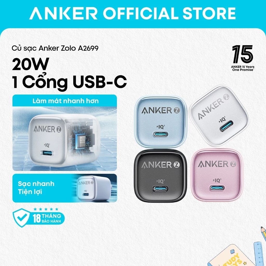 Củ sạc nhanh Anker Zolo A2699 20W USB-C, thiết kế chân gập, nhỏ gọn 110g