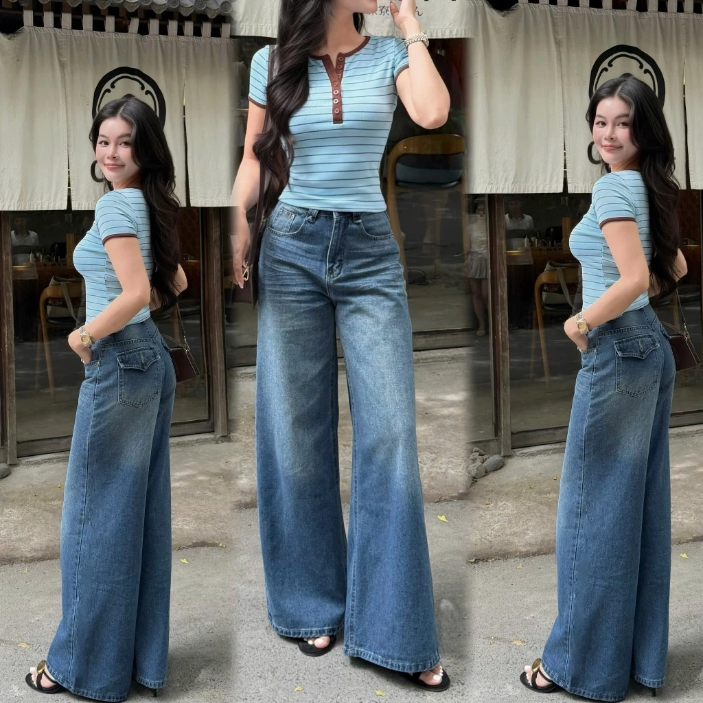The Quạo - Quần Jean Nữ Lưng Cao Vừa Ống Rộng 30CM Phối Túi Nấp N2408_769