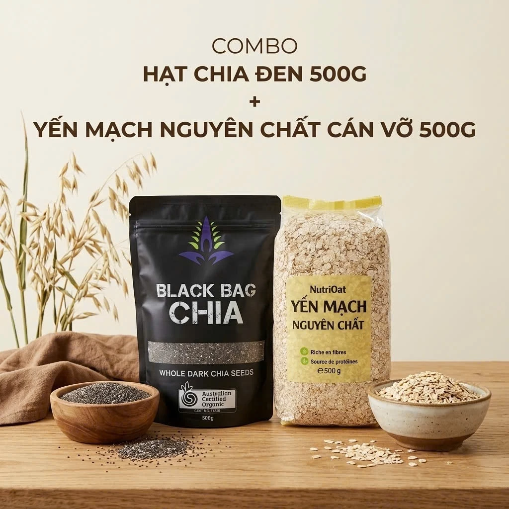 Combo Yến Mạch Nguyên Chất Cán Vỡ & Túi Chia Đen - Combo Tiện Lợi Tiết Kiệm