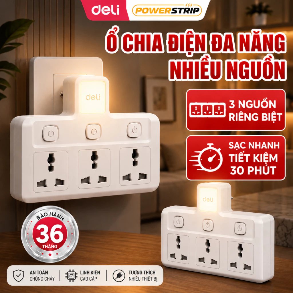 Ổ Chia Điện DELI Đa Năng Nhiều Nguồn Tích Hợp Cổng USB Và Type C Tích Hợp Đèn Ngủ