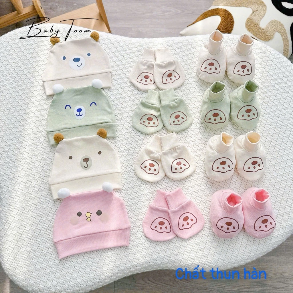 S5. Set Mũ + Bao Tay + Bao Chân Cho Bé Sơ Sinh 3-5kg, Chất Vải Thun Hàn Mềm Mại, Co Giãn