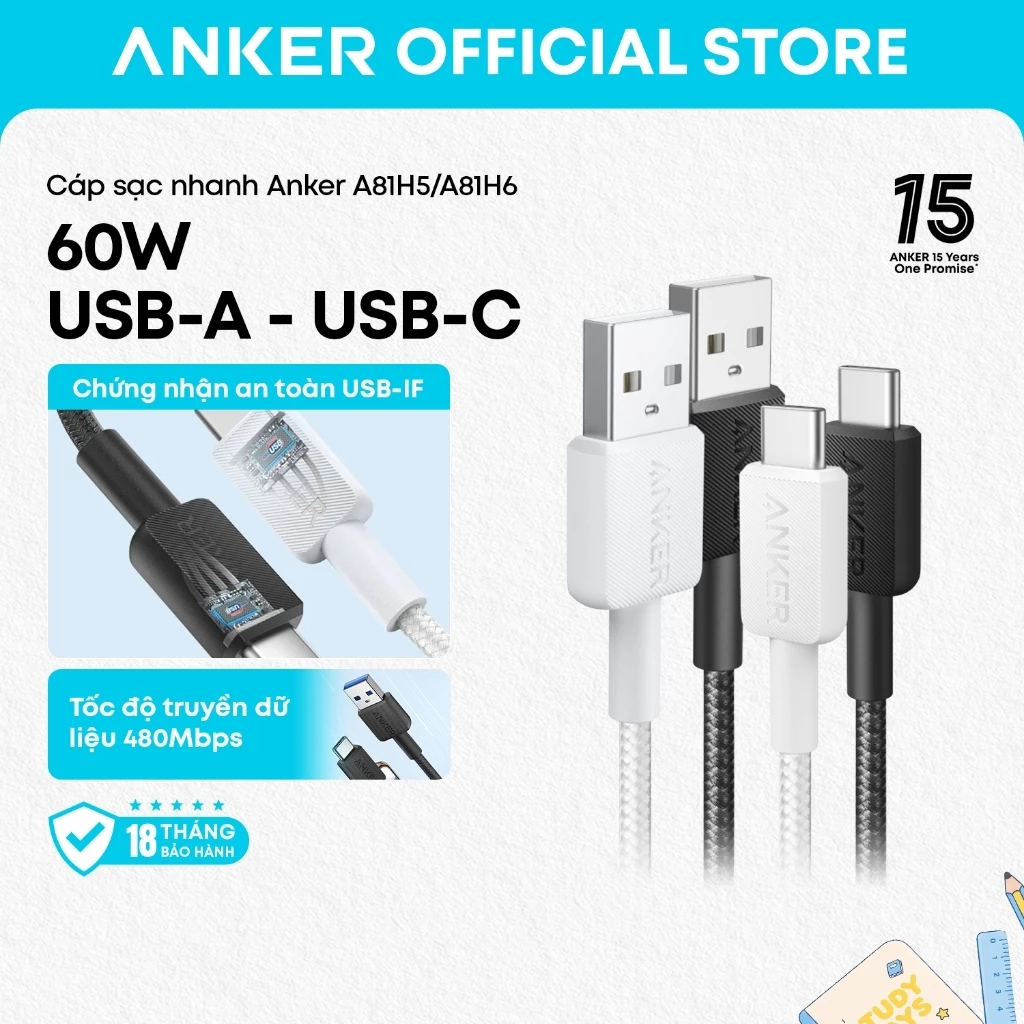 Cáp sạc nhanh Anker A81H6/A81H5 USB-A sang USB-C, chiều dài 1.8m, thiết kế bền bỉ, hỗ trợ sạc nhanh