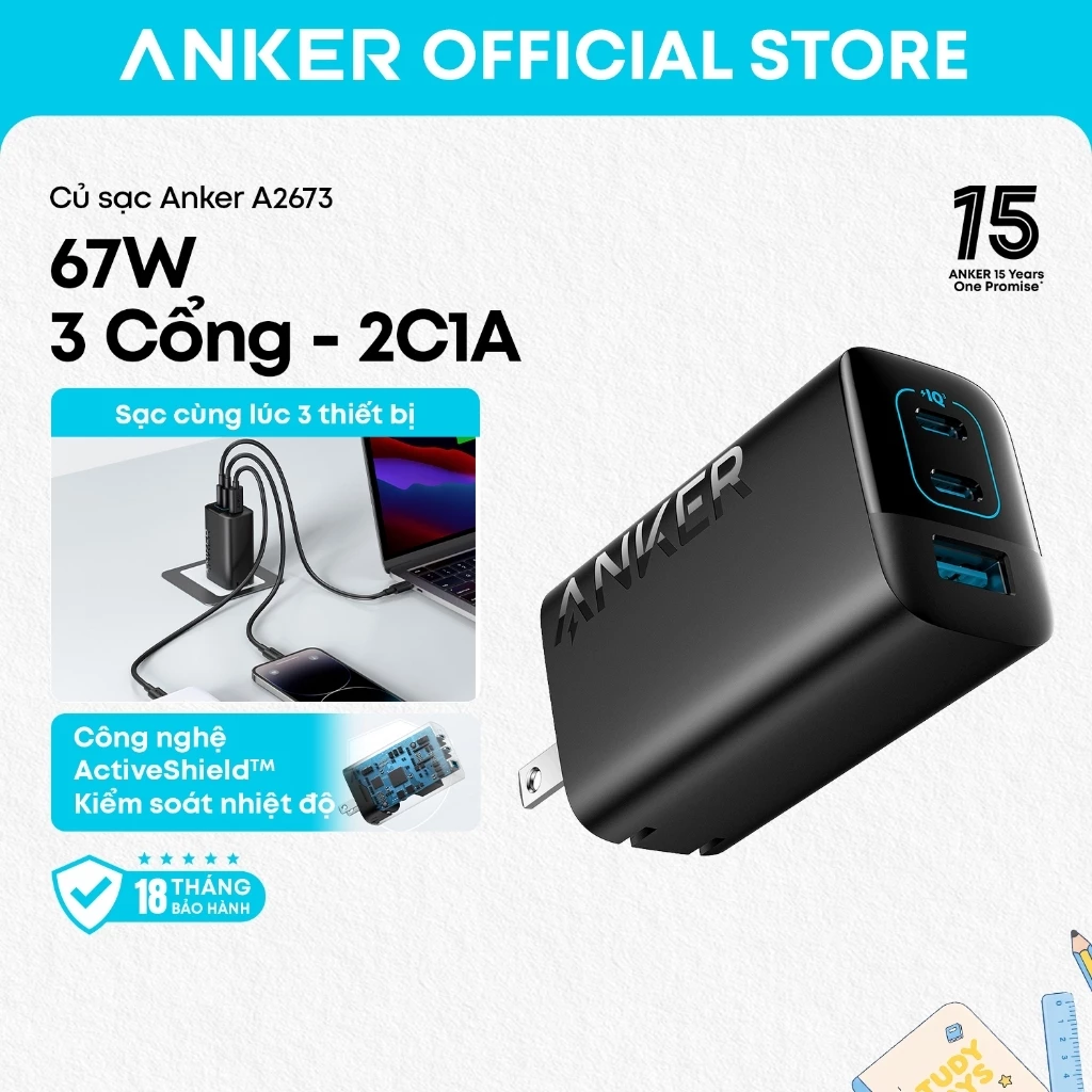 Anker Bộ sạc USB C 67W, Bộ sạc nhanh 3 cổng PIQ 3.0 nhỏ gọn và có thể gập lại cho MacBook Pro iPad Galaxy iPhone A2673