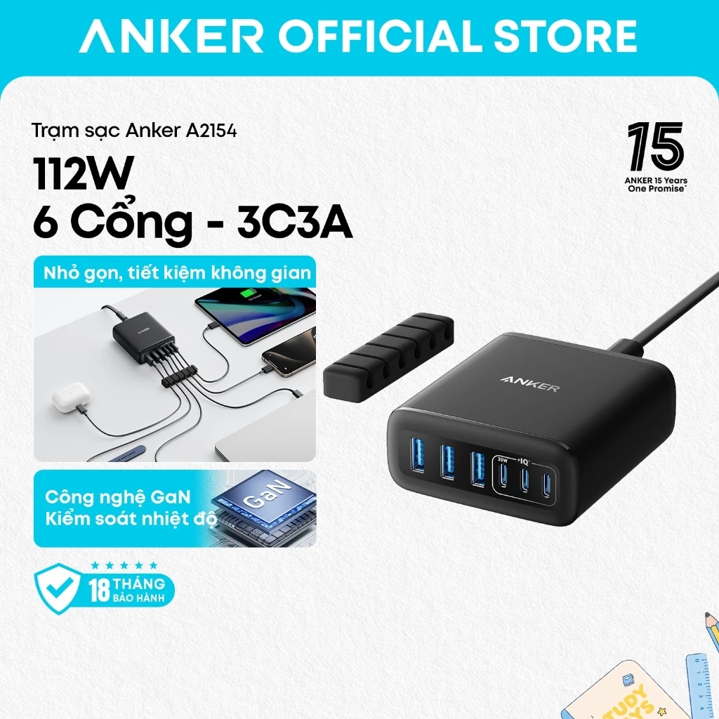 Trạm sạc Anker A2154 6 cổng tối đa 112W (USB-C, USB-A), tương thích đa thiết bị