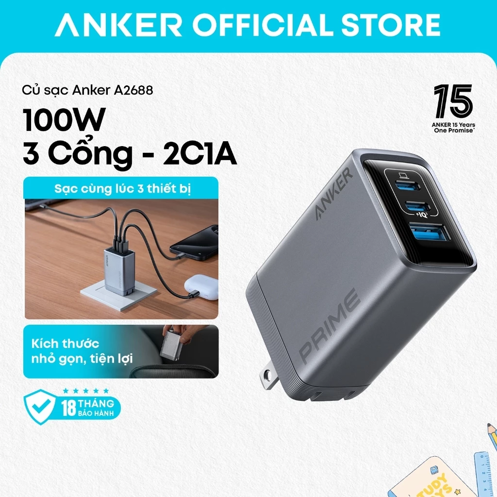 Củ sạc nhanh Anker Prime A2688 3 cổng tối đa 100W, sạc nhanh đa thiết bị, thiết kế chân gập