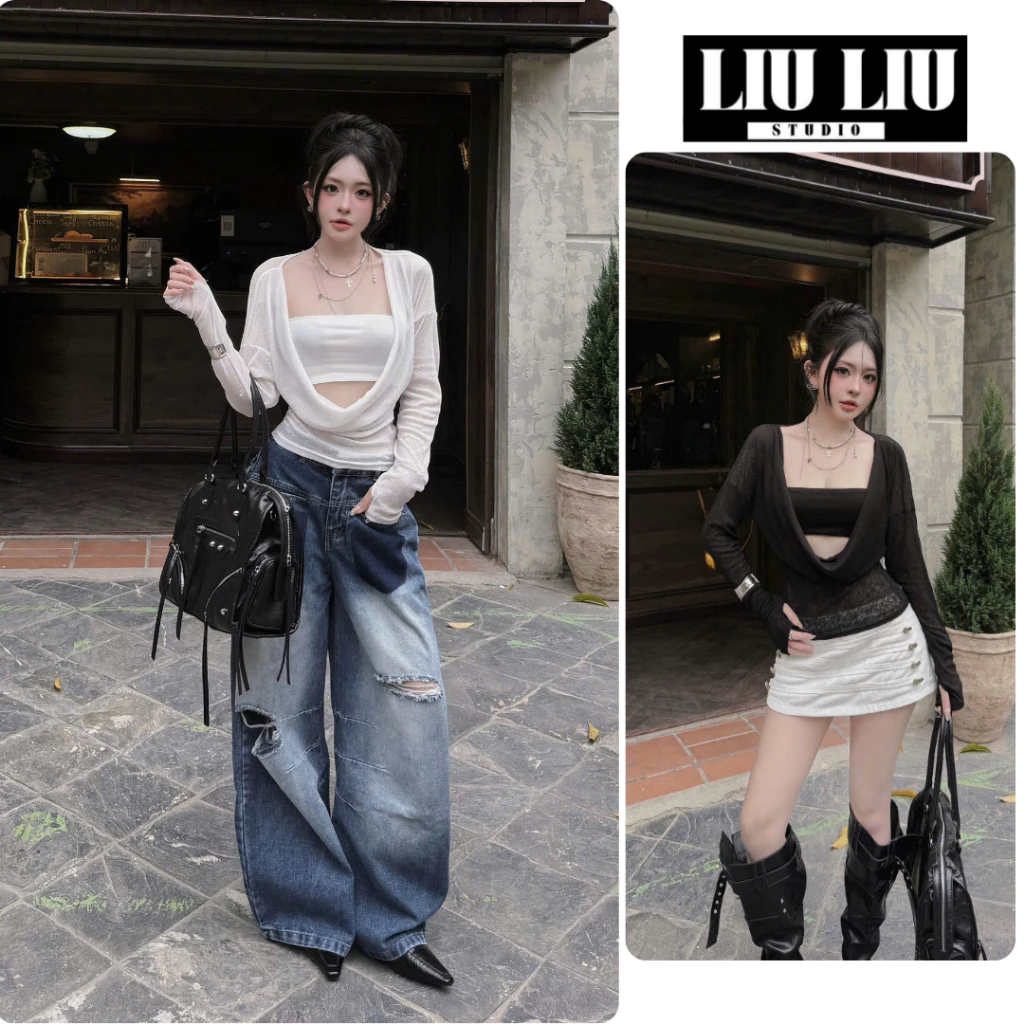 Áo Thun Giấy Cổ Đổ Draping LIULIU STUDIO Ôm Eo Tay Dài Xỏ Ngón L71 Kèm Áo Quây Phong Cách Y2K Nữ L71