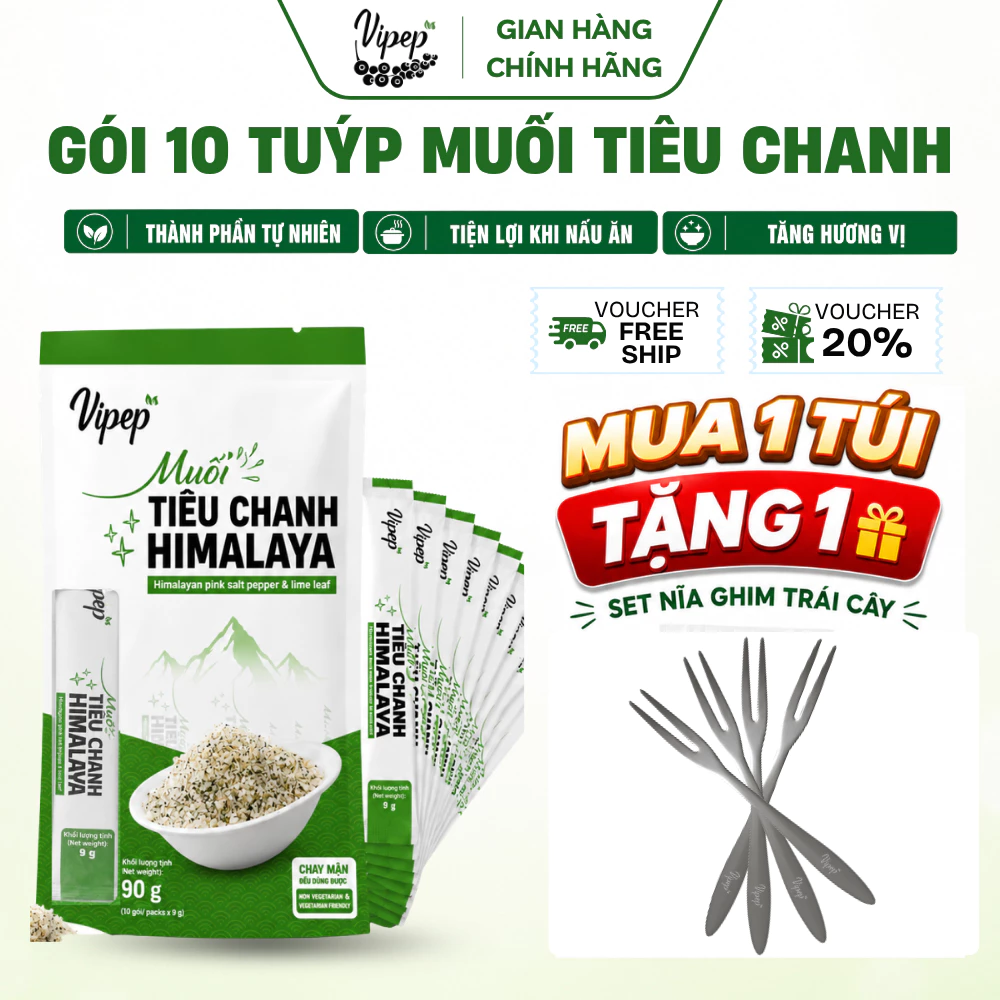 Muối Chấm Tiêu Chanh Himalaya VIPEP Túi 90g (10 Gói Stick) - Đậm Vị Tự Nhiên, Muối Chấm Hải Sản,Gà Luộc,Trái Cây
