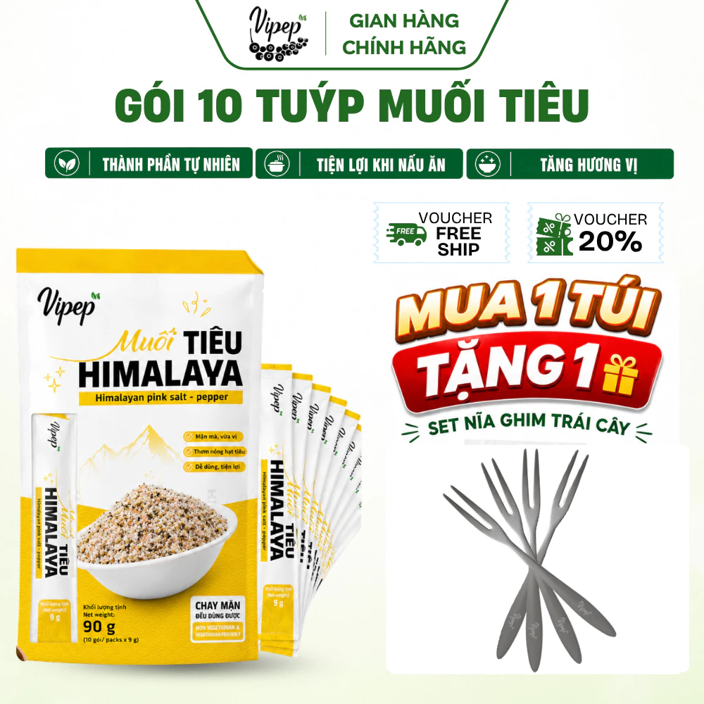 Muối Tiêu Himalaya Vipep 90g (10 Gói x 9g) | Muối Hồng Himalaya Tiêu Chấm Trái Cây Hải Sản Thịt Nướng Gia Vị Tiện Lợi