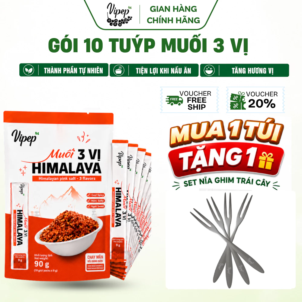 Muối 3 Vị Himalaya VIPEP Túi 90g (10 Gói Stick x 9g) - Muối Chấm Hải Sản ,Trái Cây ,Thịt Nướng ,Gà Luộc