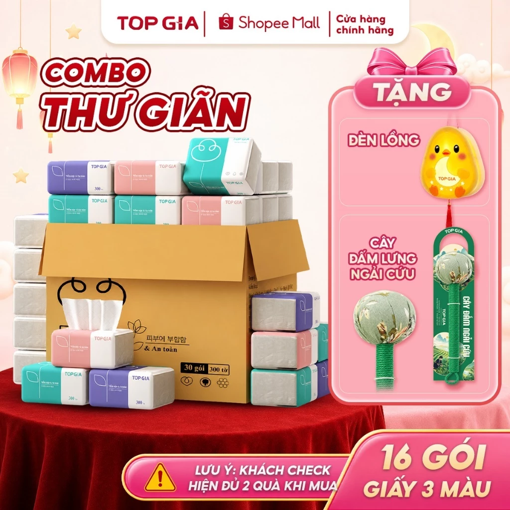 (COMBO THƯ GIÃN) Thùng 16 gói Khăn giấy rút TopGia 3 màu siêu tiết kiệm, mềm mịn an toàn cho mọi loại da
