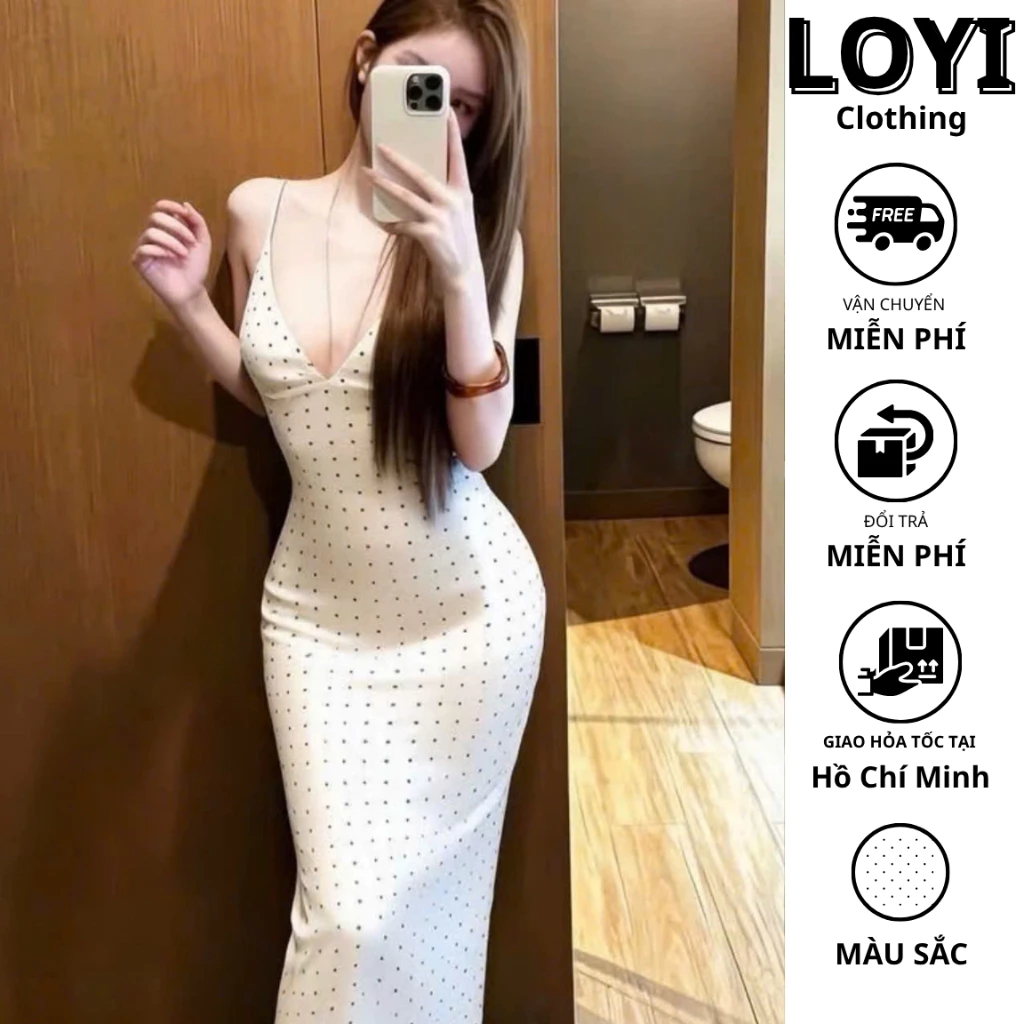 [Hỏa Tốc] Đầm Hai Dây Ôm Body Chấm Bi Cổ V, Váy Ôm Dáng Nữ Tính Sang Chảnh, Đi Chơi, Hẹn Hò, Du Lịch