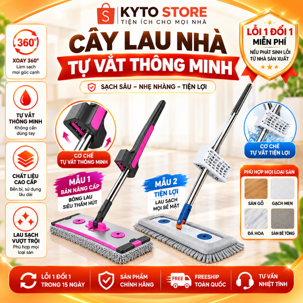 Cây Lau Nhà Tự Vắt, Chổi Lau Nhà Tự Vắt Thông Minh Xoay 360 Độ, Tặng Kèm Bông Lau