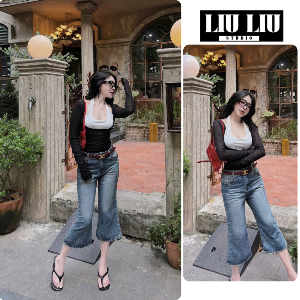 Quần Jean Ngố Nữ LIULIU STUDIO Ống Loe  Lửng Cạp Vừa Form Ôm Đùi Hack Dáng Phong Cách Y2K Cá Tính Dễ Phối Đồ L66