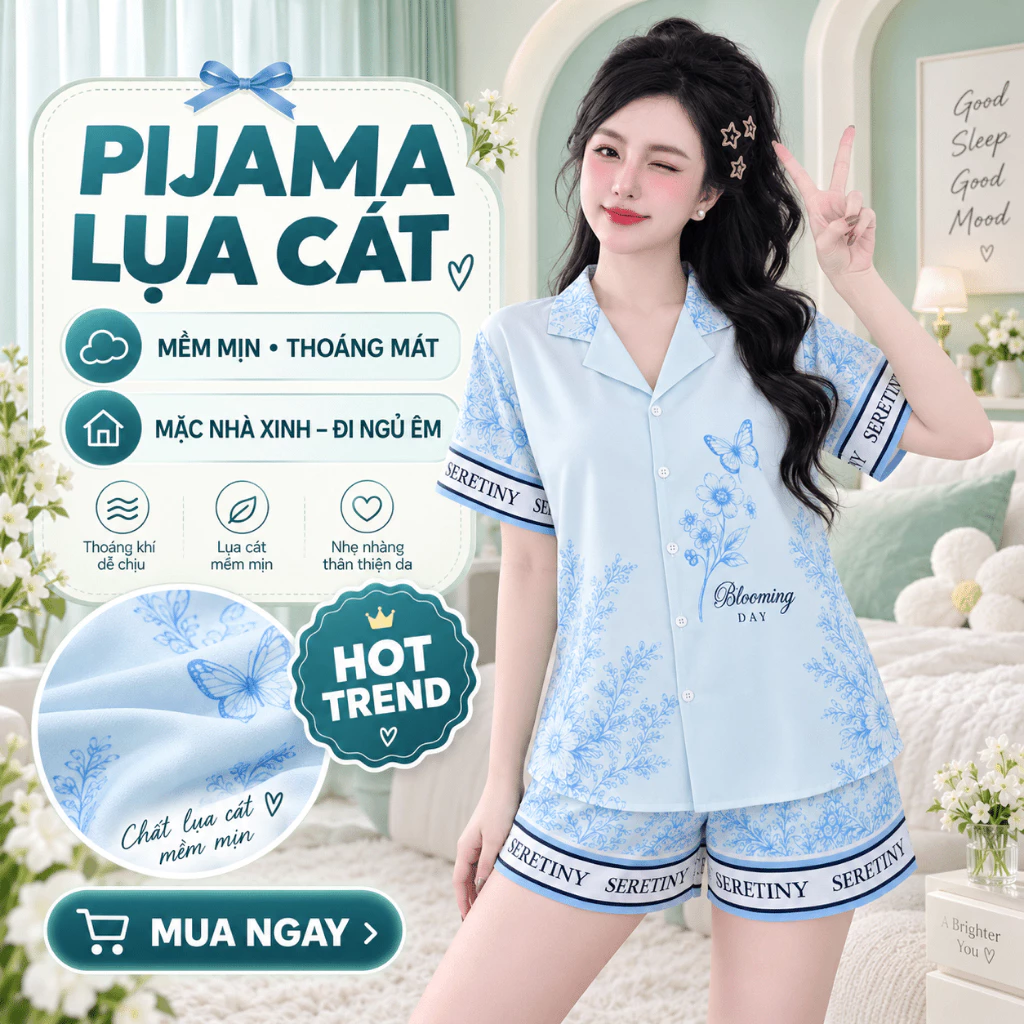 Bộ Pijama Nữ Lụa Cát Áo Cộc Tay Quần Đùi Mặc Nhà Mùa Hè Mềm Mát Form Rộng Dễ Thương Sang Chảnh