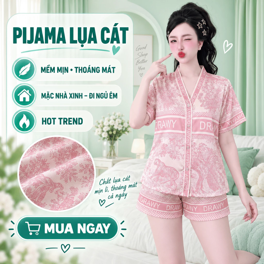 [HOT] Pijama Nữ Mặc Nhà Vải Lụa Cát Áo Tay Ngắn Quần Cộc Mềm Mịn Thoáng Mát Họa Tiết Dễ Thương