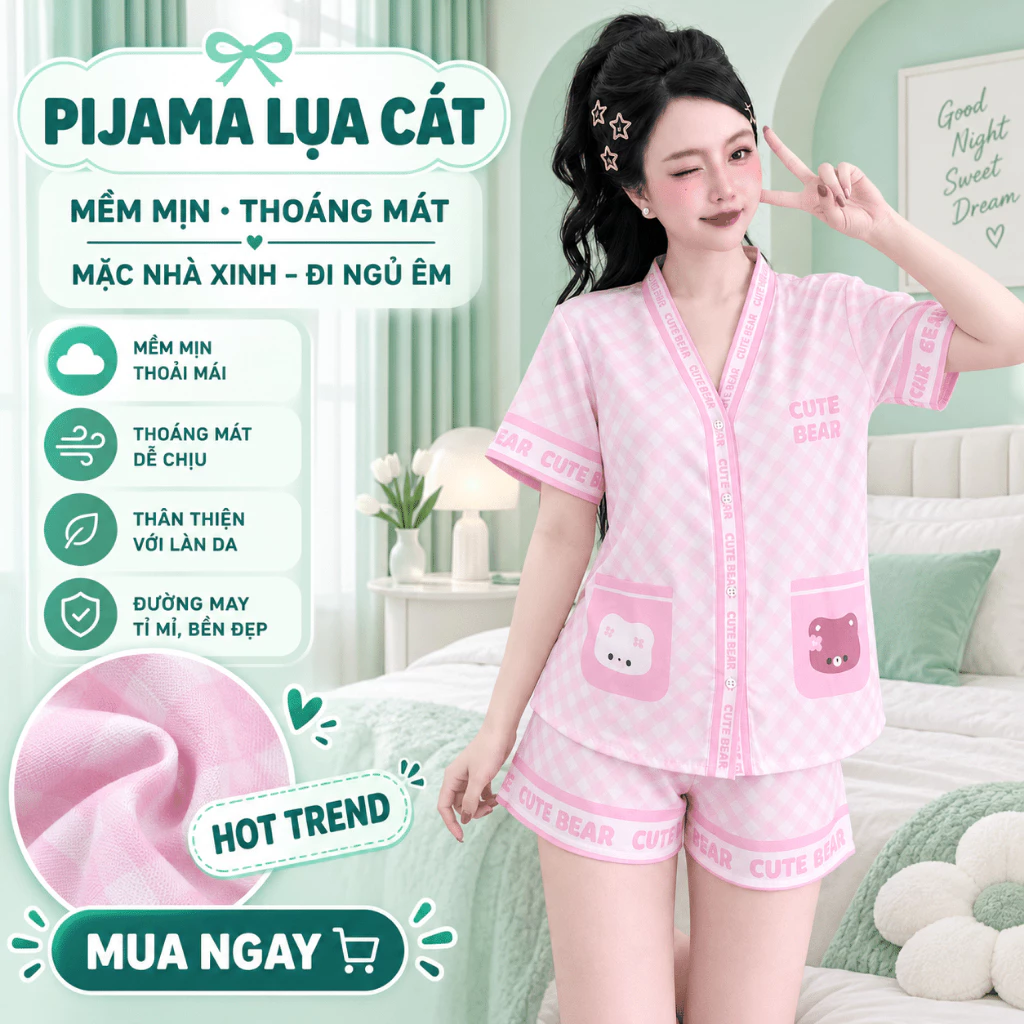 Bộ Đồ Ngủ Nữ Pijama Lụa Cát Tay Ngắn Quần Cộc Mềm Mịn Thoáng Mát Mặc Nhà Siêu Xinh