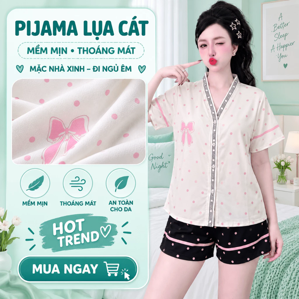 Bộ Đồ Bộ Nữ Mặc Nhà Lụa Cát Áo Cộc Tay Quần Ngắn Cạp Chun Co Giãn Mềm Mịn Thoáng Mát Mùa Hè