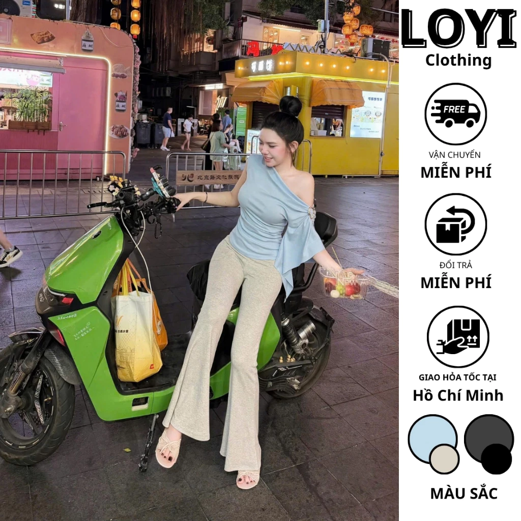 [Hỏa Tốc] Set Nữ Áo Lệch Vai Phối Khuy + Quần Thun Ống Loe, Set Đồ Nữ Tôn Dáng, Sang Chảnh, Gợi Cảm