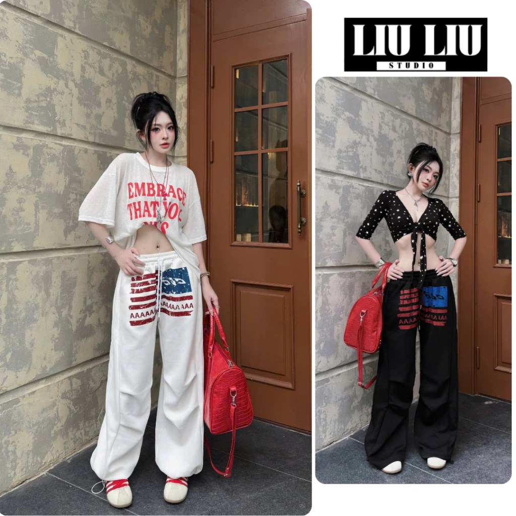 Quần Nỉ Ống Suông Nữ LIULIU STUDIO In Họa Tiết Lá Cờ 2 Kiểu Mặc Ống Suông Ống Bo Form Rộng Phong Cách Y2K L73