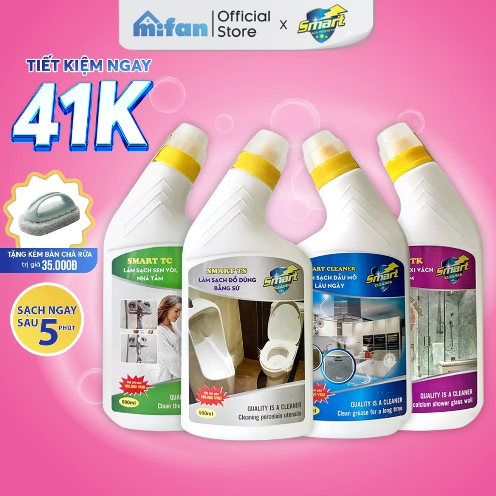 Combo Nước Tẩy Rửa SMART 300ml - Tẩy Sạch Cặn Canxi Vách Kính, Dầu Mỡ Lâu Ngày, Sen Vòi Inox, Đồ Dùng Bằng Sứ