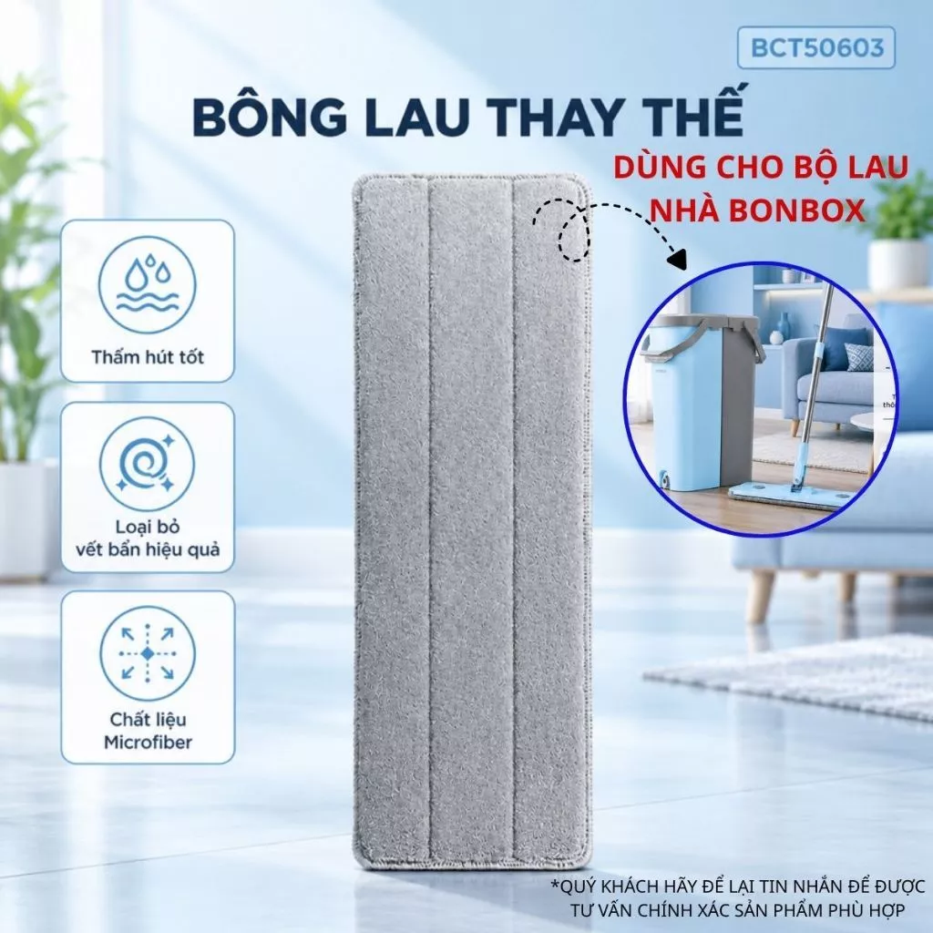 Bông Lau Nhà Thay Thế Bonbox BCT50603, Dùng Cho Cây Lau Nhà Tự Vắt Kèm Thùng 2 Ngăn BCT50602 Blue