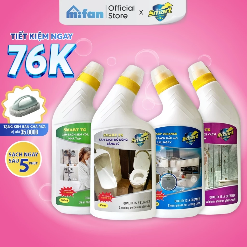 Combo Nước Tẩy Rửa SMART 500ml - Tẩy Sạch Cặn Canxi Vách Kính, Dầu Mỡ Lâu Ngày, Sen Vòi Inox, Đồ Dùng Bằng Sứ