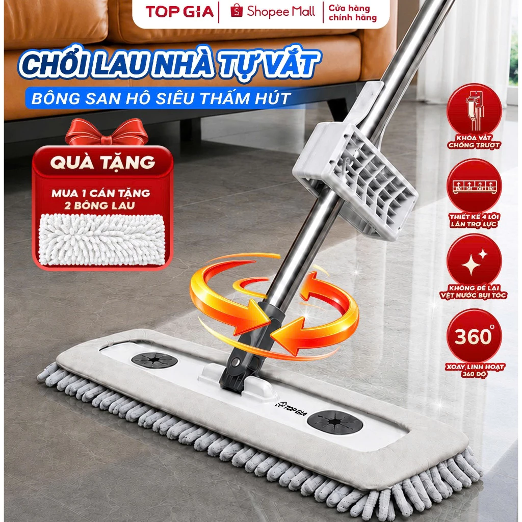 [THẤM HÚT VƯỢT TRỘI] Chổi lau nhà san hô TopGia tự vắt siêu thấm hút xoay 360 độ hút sạch bụi bẩn, không để lại vệt nước