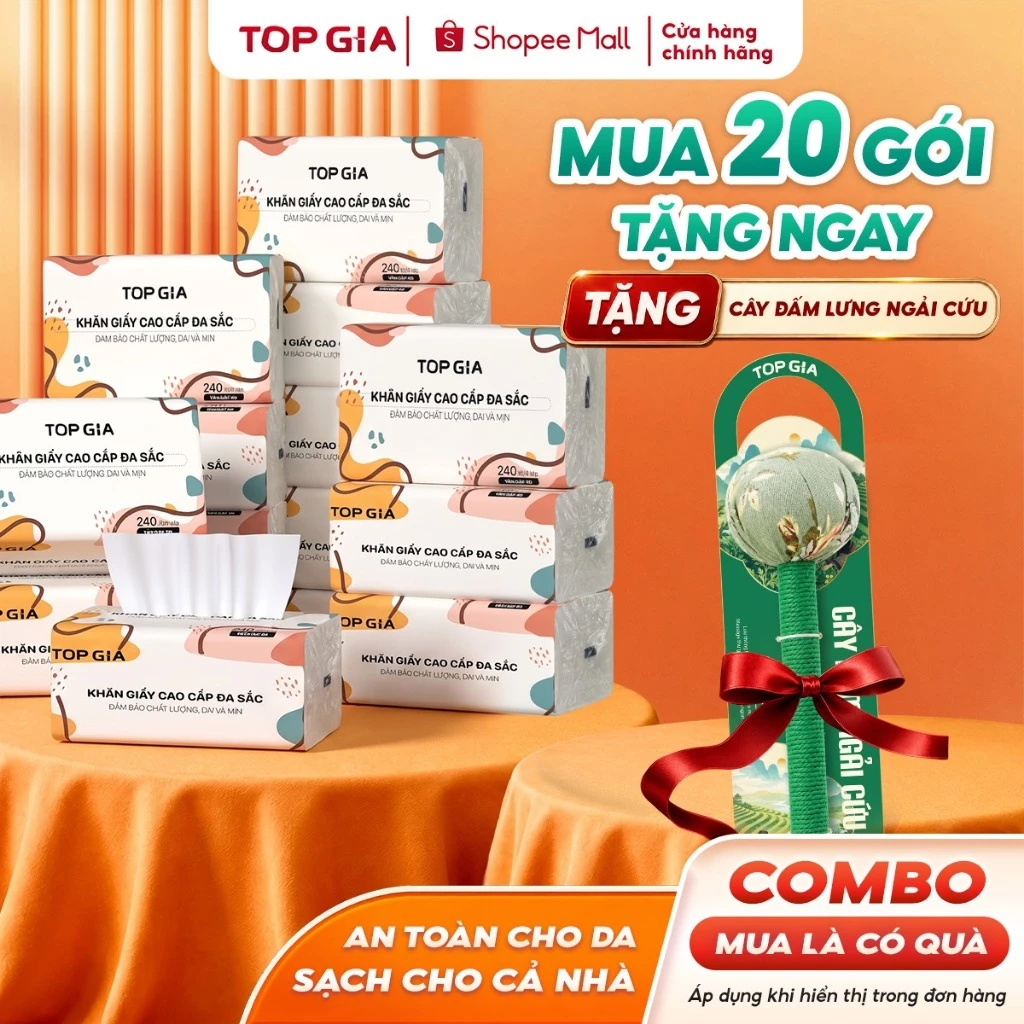 [Tặng cây đấm lưng] Thùng 20 gói giấy ăn đa sắc Topgia mềm mịn dập vân 4D