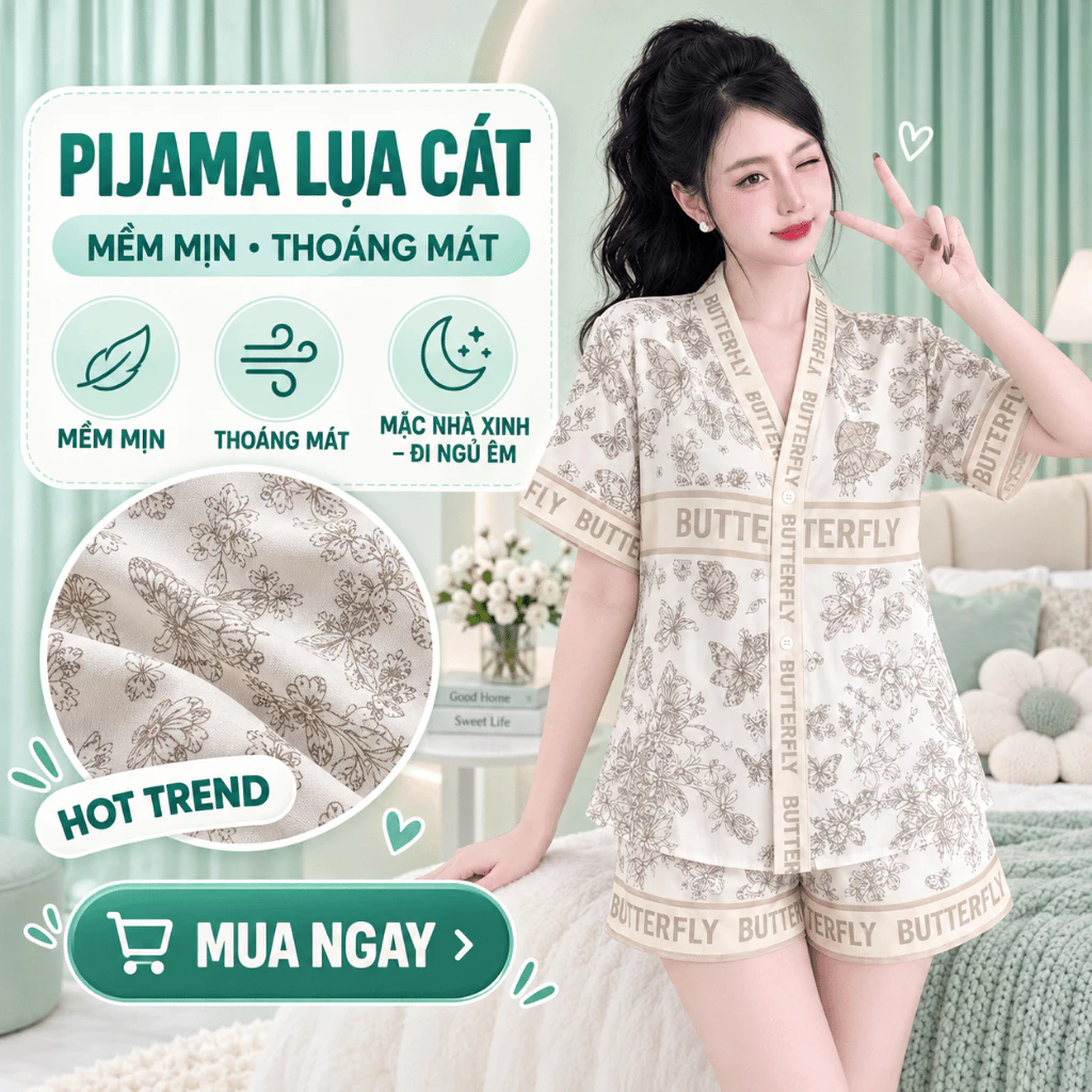 Set Lụa Pijama mặc nhà cổ Y mềm mịn thoáng mát đủ size 40-68kg