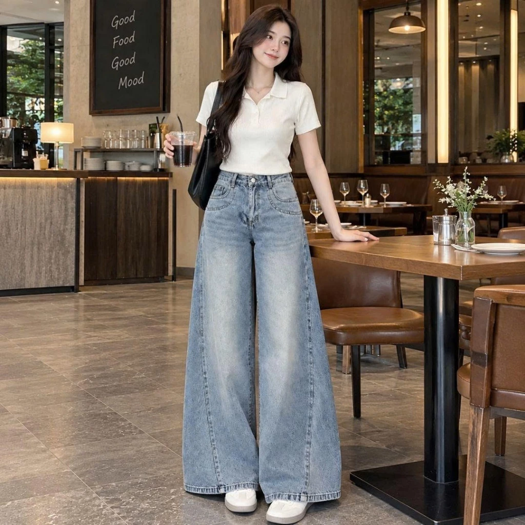 Quần Jean Nữ Ống Rộng Cạp Cao Form Suông Dài Màu Wash Xanh Nhạt Phong Cách Vintage 098