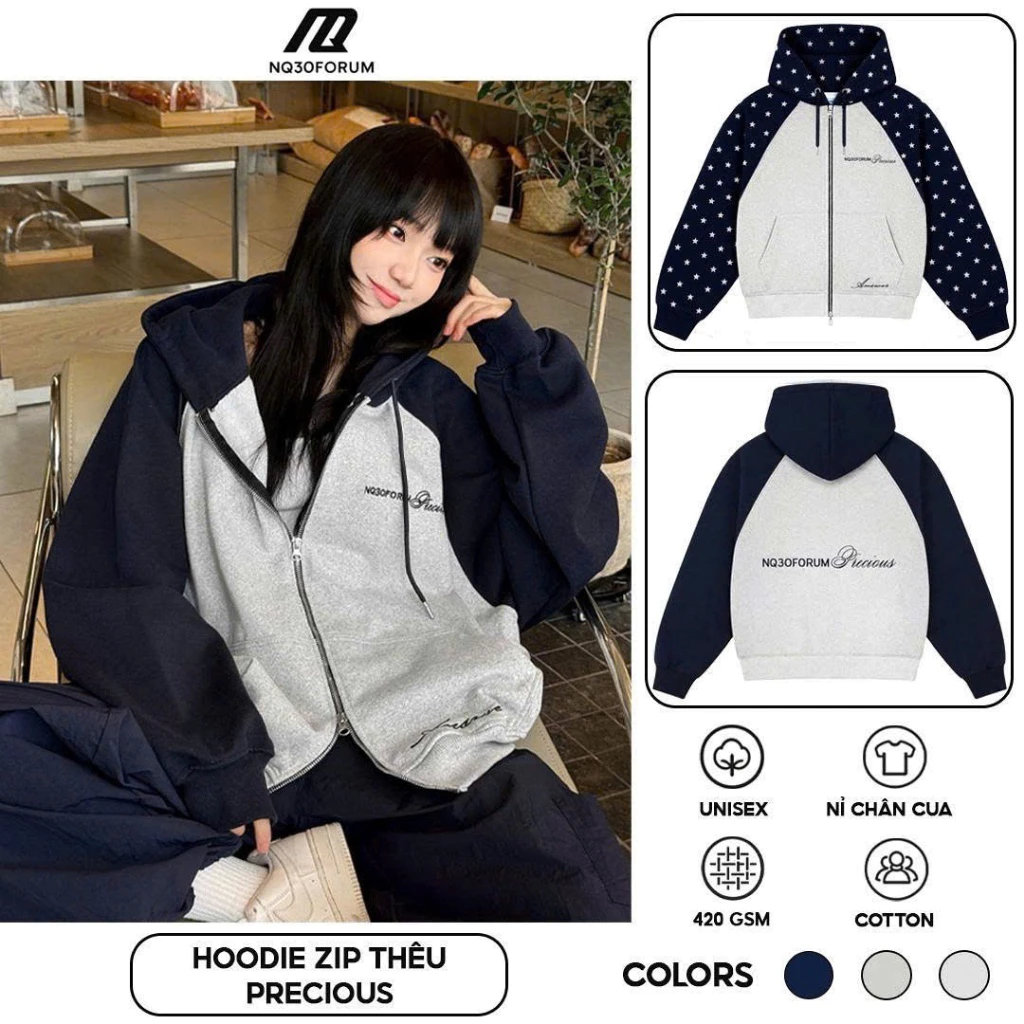 Áo Khoác Hoodie Zip Nỉ Bông Thêu Nổi NQ30 PRECIOUS Form Rộng Nam Nữ Unisex (Không xù lông)
