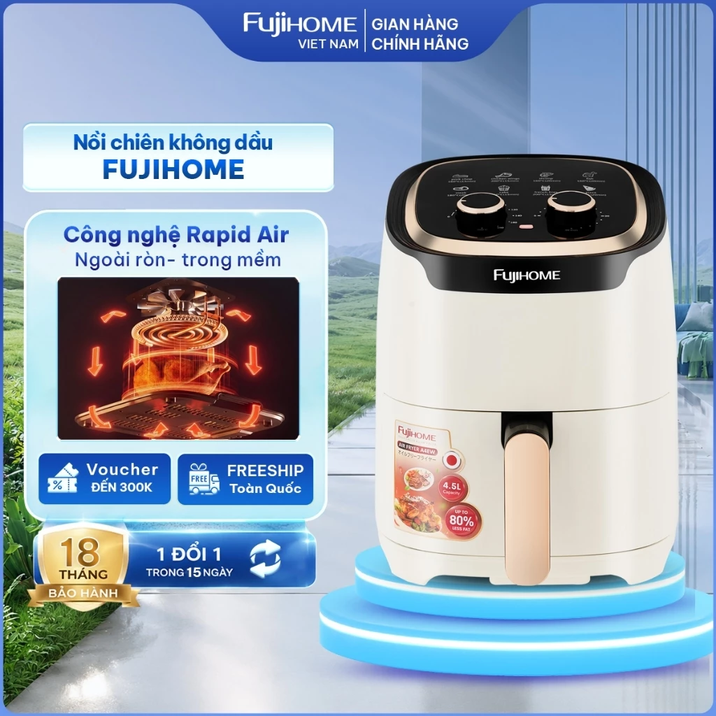 Nồi chiên không dầu 4.5L FujiHome nhập khẩu tự ngắt tặng kèm gắp, Nồi chiên không khí cơ không hơi nước tự ngắt an toàn