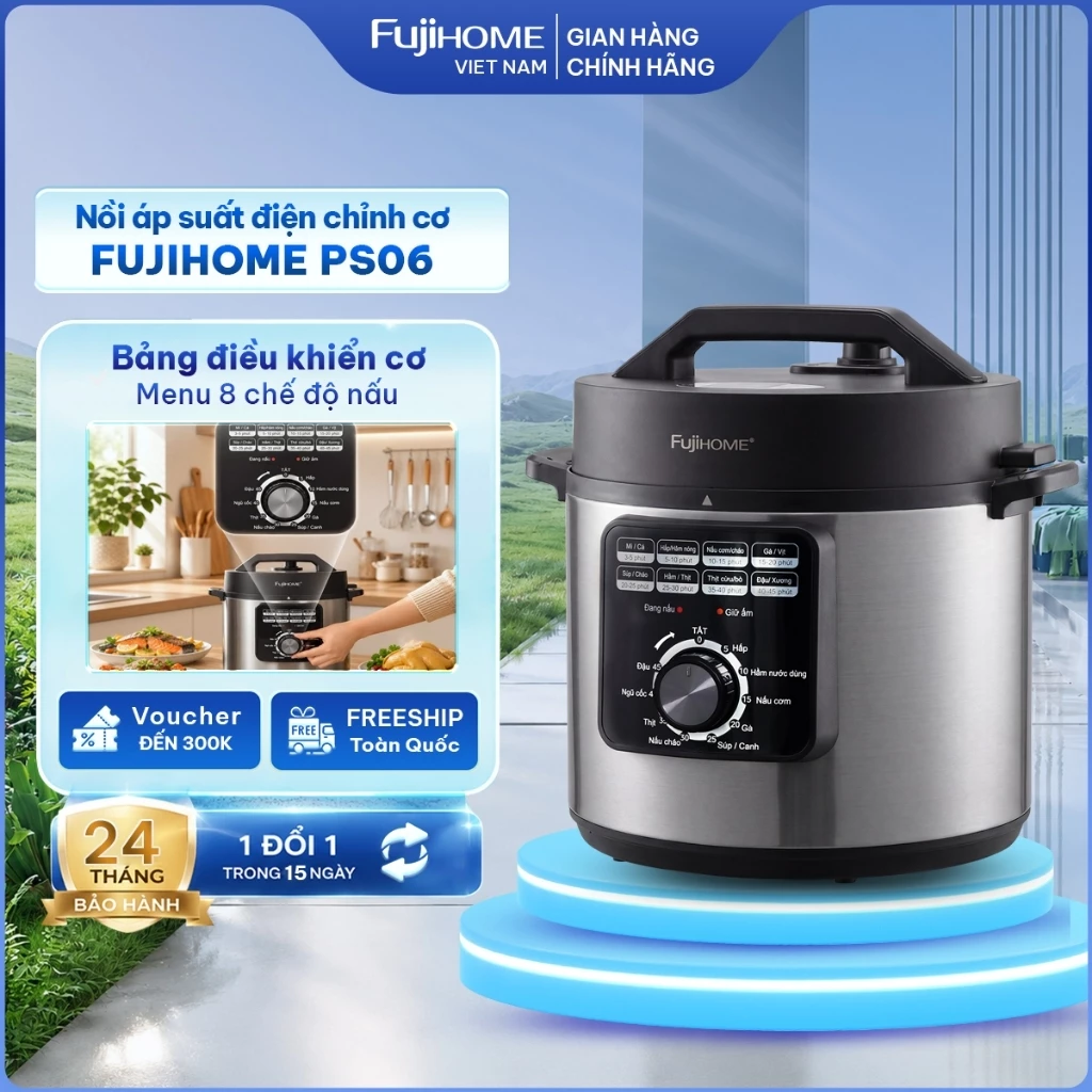 Nồi áp suất điện 6 Lít Nhập Khẩu FUJIHOME PS06 điều khiển núm vặn, nồi hầm nấu nhanh đa năng dung tích lớn gia đình