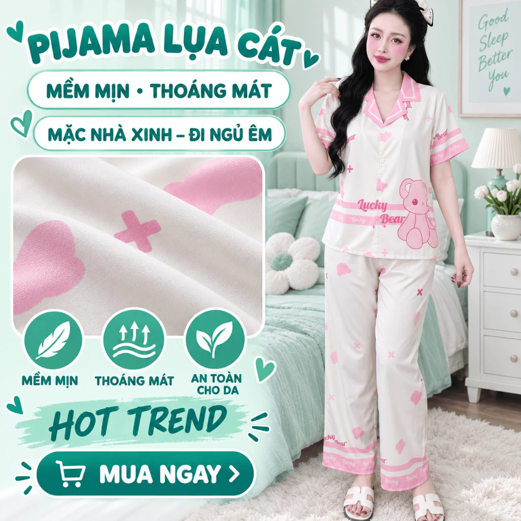 Bộ Mặc Nhà Lụa Thiết Kế 5D Công Nghệ Mới Tay Cộc Quần Dài Size 40-68kg