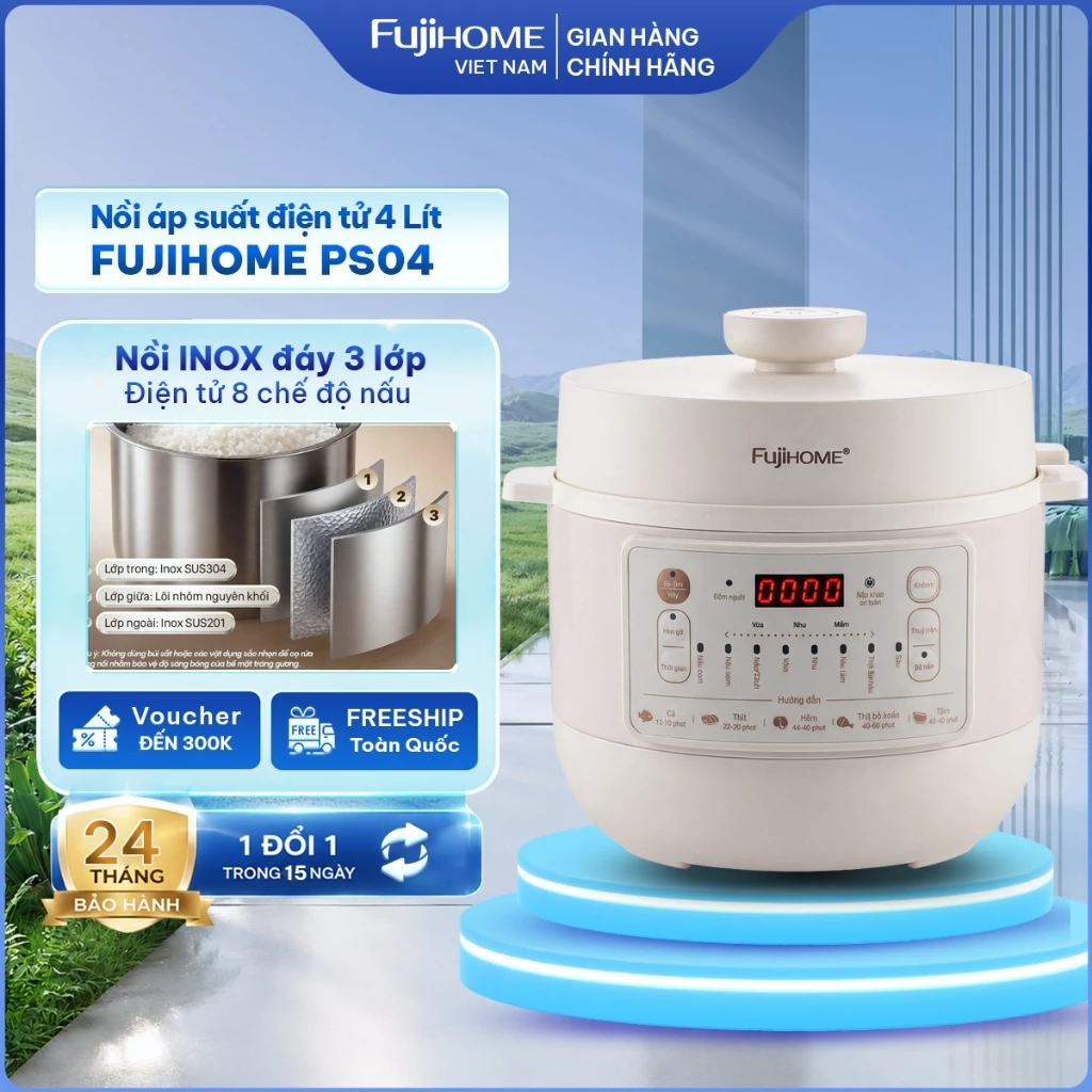 Nồi áp suất điện tử đa chức năng Nhập Khẩu FUJIHOME PS04 dung tích 4L, nồi hầm nấu 800W xả áp an toàn tiện lợi gia đình