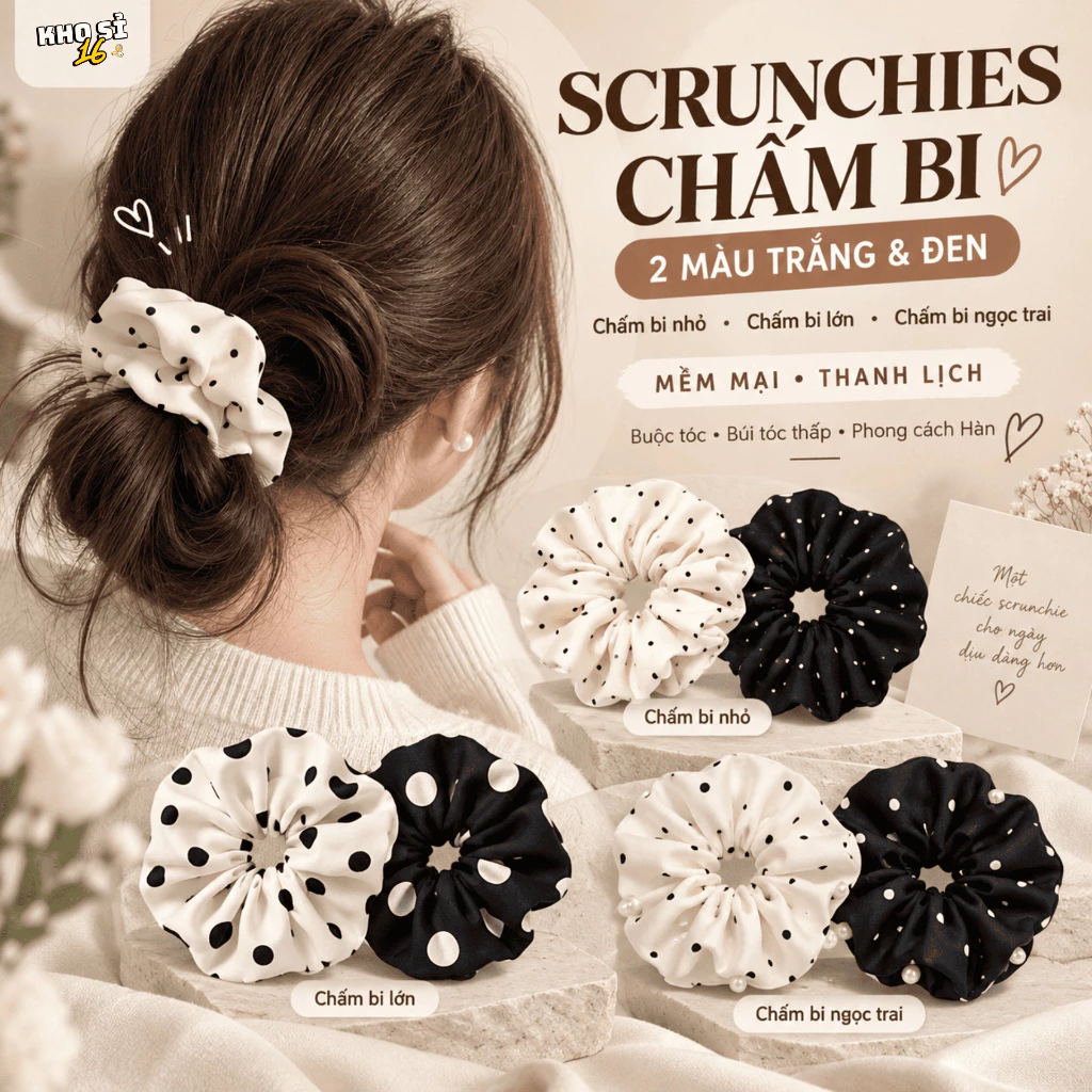 Scrunchie Chấm Bi Nền Trắng Đen Siêu Dễ Thương, Phụ Kiện Xinh Xắn Để Đi Chơi, Phong Cách Hàn Quốc_khosi16