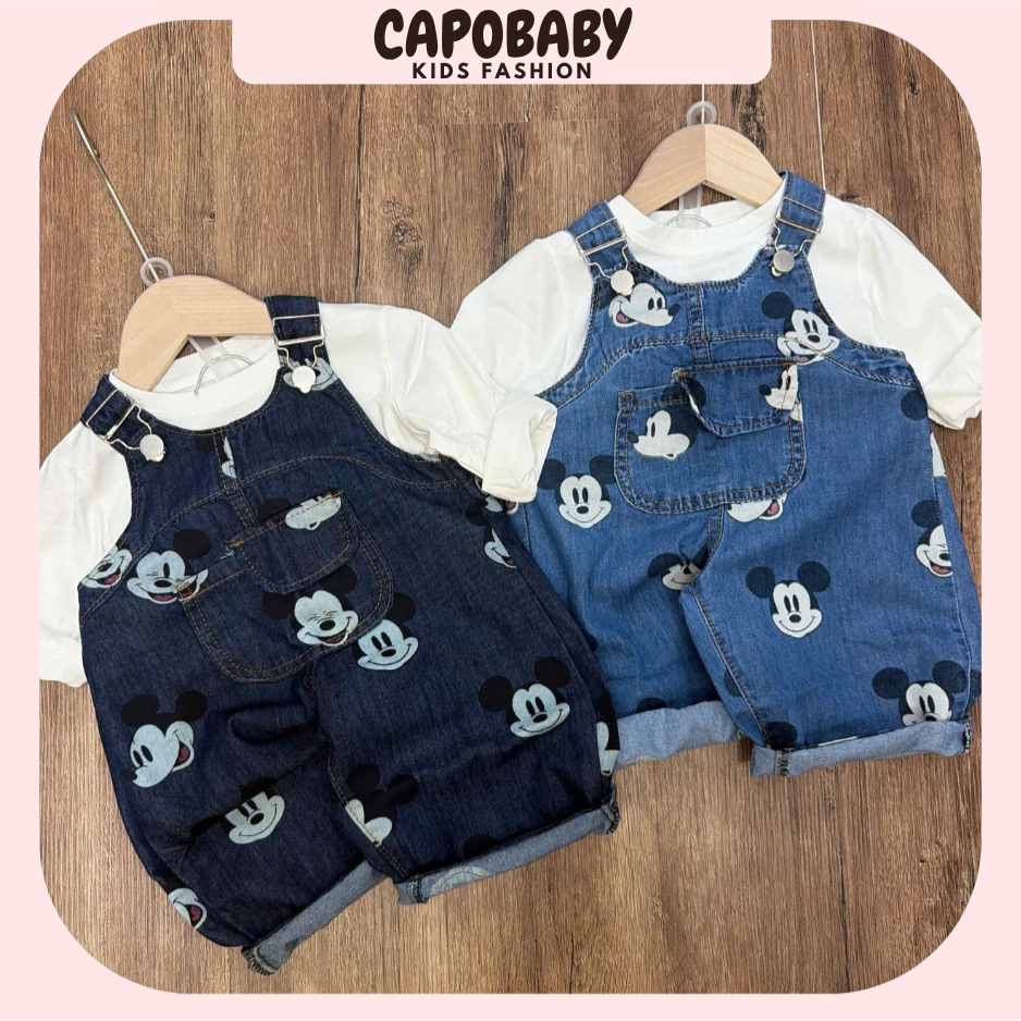 Set Yếm Jeans Chuột Mickey Cho Bé Kèm Áo Thun Trắng Co Giãn Khỏe Khoắn Phong Cách Hàn Quốc Dễ Thương(SB780)