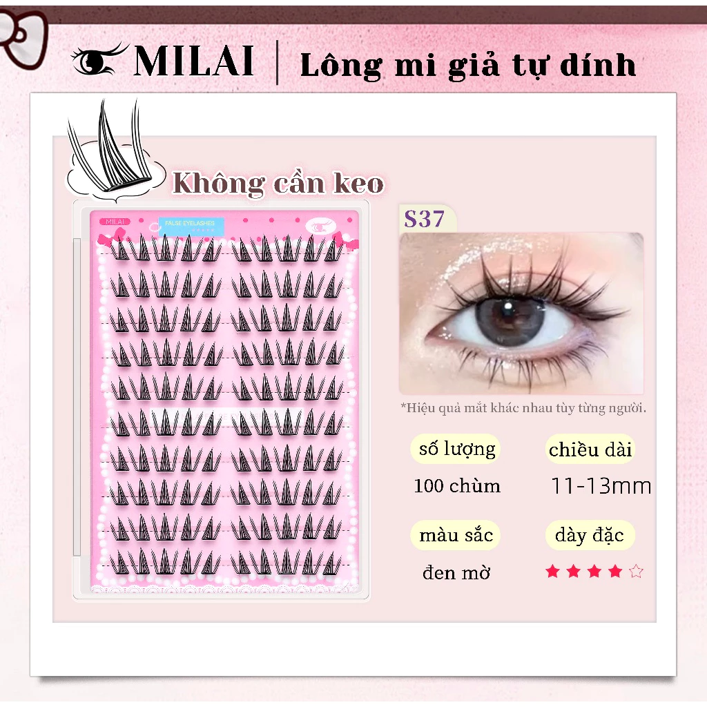 MILAI S37 Lông mi giả tự dính không cần keo 100 chùm mi phân đoạn tự nhiên mềm mại dễ dùng cho người mới trang điểm