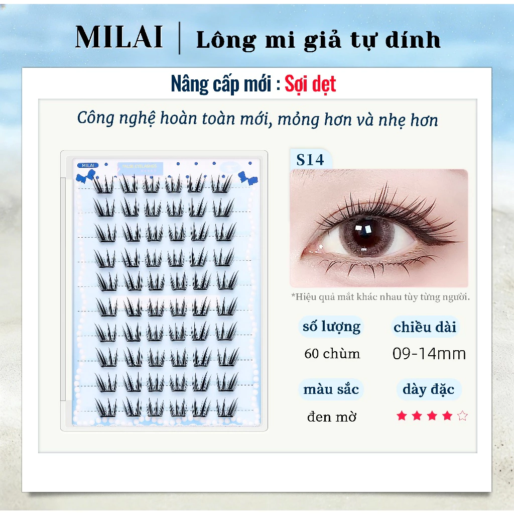 MILAI S14 Lông mi giả tự dính sợi dẹt nâng cấp 60 chùm mi phân đoạn không cần keo mềm nhẹ tự nhiên cho người mới trang đ