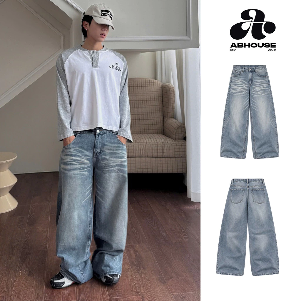 AB HOUSE - Quần jeans WHISKERING ống suông rộng wash thời trang nam nữ